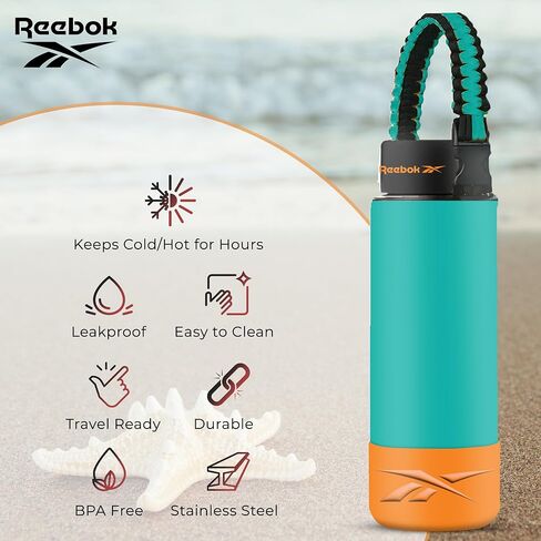 Reebok Stainless Steel Sports Water Bottle | Double Wall Vacuum Insulated, Leakproof, BPA Free with Paracord Handle | Ideal for Work, Travel, Outdoor, Gym (Pack of 1, 32 oz., Teal) in Saudi Arabia