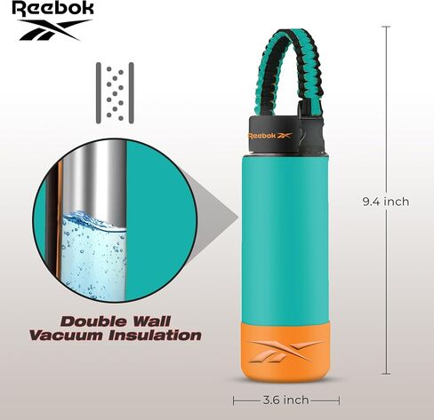 Reebok Stainless Steel Sports Water Bottle | Double Wall Vacuum Insulated, Leakproof, BPA Free with Paracord Handle | Ideal for Work, Travel, Outdoor, Gym (Pack of 1, 32 oz., Teal) in Saudi Arabia