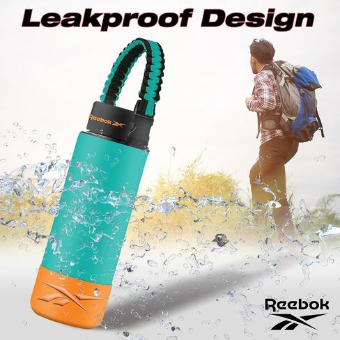 Reebok Stainless Steel Sports Water Bottle | Double Wall Vacuum Insulated, Leakproof, BPA Free with Paracord Handle | Ideal for Work, Travel, Outdoor, Gym (Pack of 1, 32 oz., Teal) in Saudi Arabia