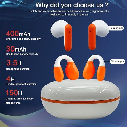 Two Pairs of Wireless Bluetooth Headphones, In-Ear and Ear Clip, Bluetooth 5.4 Wireless Sports Headset, Built-in Microphone with Charging Cable for Tablets, Laptops, and Cell Phones, Silver Gray in Saudi Arabia