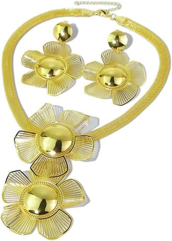Luxury Women's Golden Big Hollow Flower Jewelry Sets Gold Plated Floral Filigree 3pcs Earrings Necklace Trendy Design Party Cocktail Prom Mothers Day Outfits Accessories Gifts in Saudi Arabia