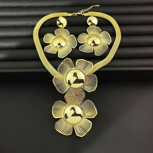 Luxury Women's Golden Big Hollow Flower Jewelry Sets Gold Plated Floral Filigree 3pcs Earrings Necklace Trendy Design Party Cocktail Prom Mothers Day Outfits Accessories Gifts in Saudi Arabia