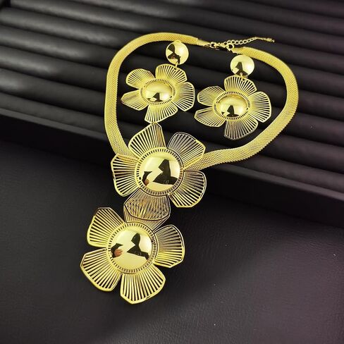 Luxury Women's Golden Big Hollow Flower Jewelry Sets Gold Plated Floral Filigree 3pcs Earrings Necklace Trendy Design Party Cocktail Prom Mothers Day Outfits Accessories Gifts in Saudi Arabia