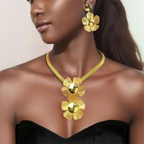 Luxury Women's Golden Big Hollow Flower Jewelry Sets Gold Plated Floral Filigree 3pcs Earrings Necklace Trendy Design Party Cocktail Prom Mothers Day Outfits Accessories Gifts in Saudi Arabia