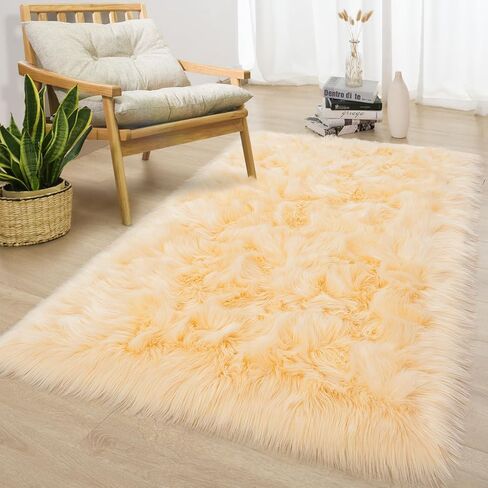 Softlife Yellow 3x5 Faux Fur Rug for Bedroom, Fluffy Sheepskin Fur Rug Luxury Ultra Soft Throw Fuzzy Bedside Rug, Machine Washable Shag Rug for Room Decor in Saudi Arabia