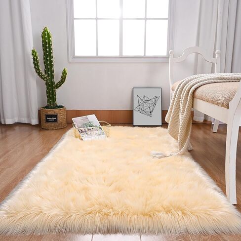 Softlife Yellow 3x5 Faux Fur Rug for Bedroom, Fluffy Sheepskin Fur Rug Luxury Ultra Soft Throw Fuzzy Bedside Rug, Machine Washable Shag Rug for Room Decor in Saudi Arabia