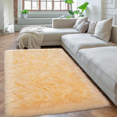 Softlife Yellow 3x5 Faux Fur Rug for Bedroom, Fluffy Sheepskin Fur Rug Luxury Ultra Soft Throw Fuzzy Bedside Rug, Machine Washable Shag Rug for Room Decor in Saudi Arabia