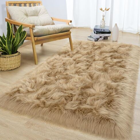 Softlife Yellow 3x5 Faux Fur Rug for Bedroom, Fluffy Sheepskin Fur Rug Luxury Ultra Soft Throw Fuzzy Bedside Rug, Machine Washable Shag Rug for Room Decor in Saudi Arabia