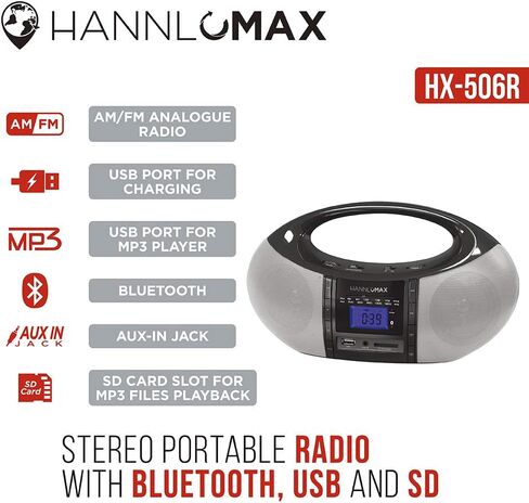 HANNLOMAX HX-506R Portable AM/FM Radio, Bluetooth, USB/SD Slot for MP3 Playback, Aux-in, AC/DC Dual Power Source (White) in Kuwait