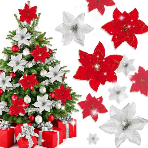 Whaline 40Pcs Poinsettia Artificial Christmas Flowers with 40Pcs Clips and 40Pcs Stems Red Silver Xmas Flowers Glitter Christmas Tree Ornaments Xmas Wedding Party Decoration New Year Ornaments in Saudi Arabia
