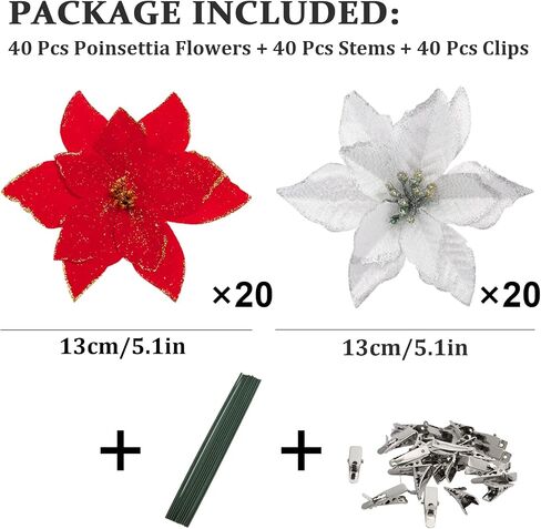 Whaline 40Pcs Poinsettia Artificial Christmas Flowers with 40Pcs Clips and 40Pcs Stems Red Silver Xmas Flowers Glitter Christmas Tree Ornaments Xmas Wedding Party Decoration New Year Ornaments in Saudi Arabia