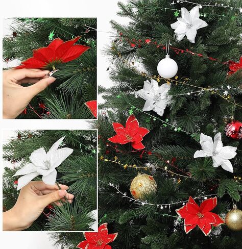Whaline 40Pcs Poinsettia Artificial Christmas Flowers with 40Pcs Clips and 40Pcs Stems Red Silver Xmas Flowers Glitter Christmas Tree Ornaments Xmas Wedding Party Decoration New Year Ornaments in Saudi Arabia