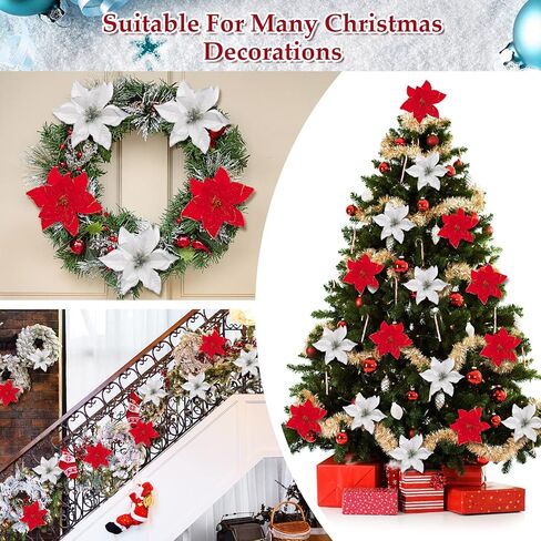 Whaline 40Pcs Poinsettia Artificial Christmas Flowers with 40Pcs Clips and 40Pcs Stems Red Silver Xmas Flowers Glitter Christmas Tree Ornaments Xmas Wedding Party Decoration New Year Ornaments in Saudi Arabia