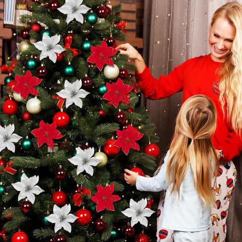 Whaline 40Pcs Poinsettia Artificial Christmas Flowers with 40Pcs Clips and 40Pcs Stems Red Silver Xmas Flowers Glitter Christmas Tree Ornaments Xmas Wedding Party Decoration New Year Ornaments in Saudi Arabia