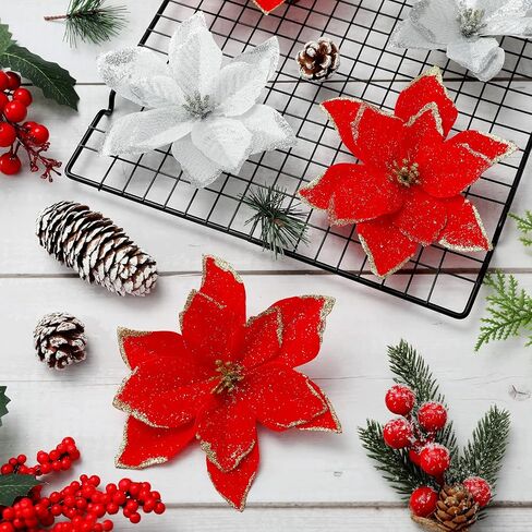 Whaline 40Pcs Poinsettia Artificial Christmas Flowers with 40Pcs Clips and 40Pcs Stems Red Silver Xmas Flowers Glitter Christmas Tree Ornaments Xmas Wedding Party Decoration New Year Ornaments in Saudi Arabia