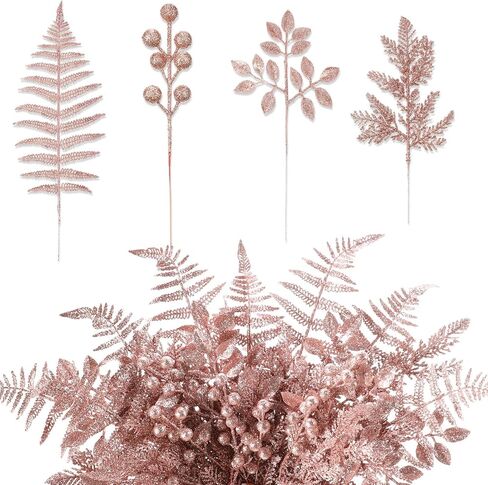 40 Pcs Christmas Glitter Artificial Picks Set Christmas Leaf Sprays Cedar Picks Glitter Berries Stems Tropical Leaf Pine Needles Christmas Stems Branches for Christmas Tree Vase Home(Gold) in Kuwait