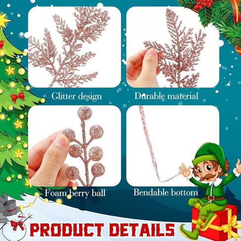 40 Pcs Christmas Glitter Artificial Picks Set Christmas Leaf Sprays Cedar Picks Glitter Berries Stems Tropical Leaf Pine Needles Christmas Stems Branches for Christmas Tree Vase Home(Gold) in Kuwait