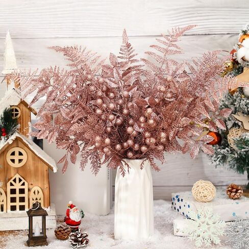 40 Pcs Christmas Glitter Artificial Picks Set Christmas Leaf Sprays Cedar Picks Glitter Berries Stems Tropical Leaf Pine Needles Christmas Stems Branches for Christmas Tree Vase Home(Gold) in Kuwait