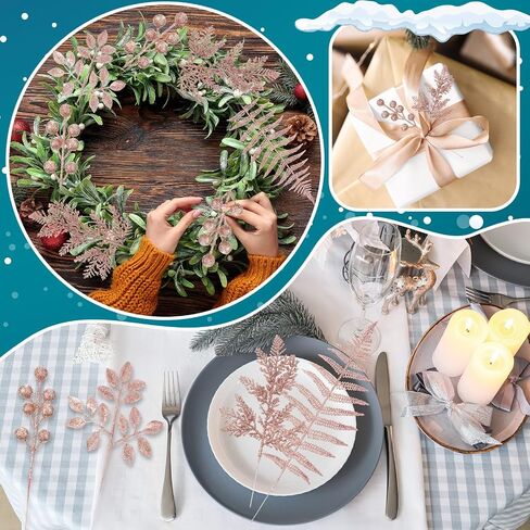 40 Pcs Christmas Glitter Artificial Picks Set Christmas Leaf Sprays Cedar Picks Glitter Berries Stems Tropical Leaf Pine Needles Christmas Stems Branches for Christmas Tree Vase Home(Gold) in Kuwait
