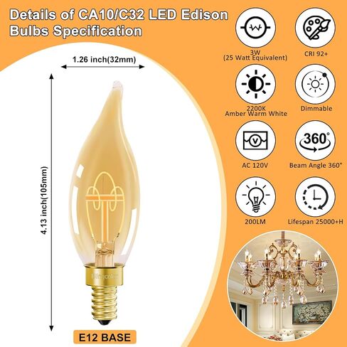 Dimmable E12 Candelabra LED Light Bulbs 25W Equivalent, 3W E12 LED Candle Chandelier Bulbs Warm White 2200K, C32/CA10 Flame Tip LED Edison Bulbs, Ultra-thin Spiral LED Filament Bulbs, 6 PACK in Saudi Arabia