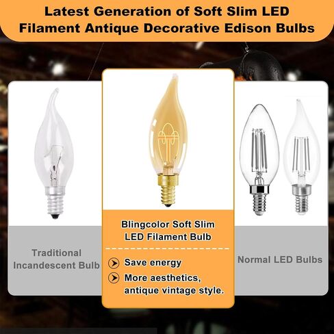 Dimmable E12 Candelabra LED Light Bulbs 25W Equivalent, 3W E12 LED Candle Chandelier Bulbs Warm White 2200K, C32/CA10 Flame Tip LED Edison Bulbs, Ultra-thin Spiral LED Filament Bulbs, 6 PACK in Saudi Arabia