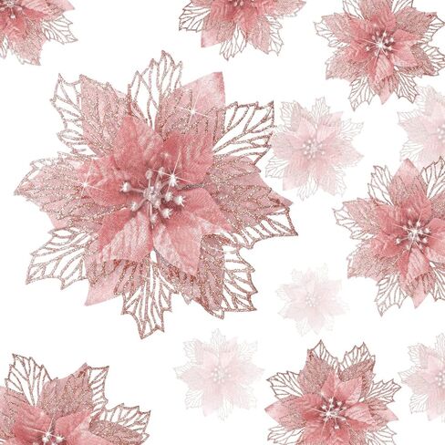 Geosar 36 Pcs Christmas Poinsettia Flowers Tree Decor Artificial Faux Glitter Xmas Ornaments New Year for Party Favor (Rose Gold) in Saudi Arabia