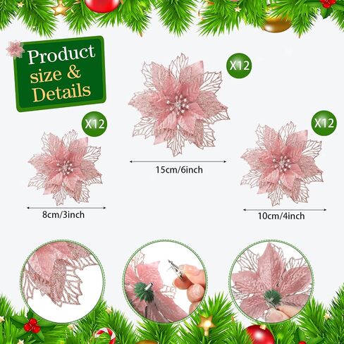 Geosar 36 Pcs Christmas Poinsettia Flowers Tree Decor Artificial Faux Glitter Xmas Ornaments New Year for Party Favor (Rose Gold) in Saudi Arabia