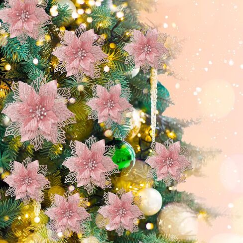 Geosar 36 Pcs Christmas Poinsettia Flowers Tree Decor Artificial Faux Glitter Xmas Ornaments New Year for Party Favor (Rose Gold) in Saudi Arabia
