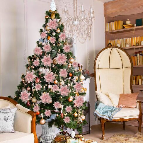 Geosar 36 Pcs Christmas Poinsettia Flowers Tree Decor Artificial Faux Glitter Xmas Ornaments New Year for Party Favor (Rose Gold) in Saudi Arabia