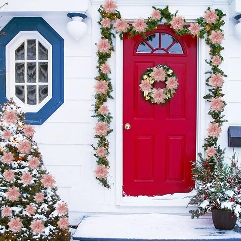Geosar 36 Pcs Christmas Poinsettia Flowers Tree Decor Artificial Faux Glitter Xmas Ornaments New Year for Party Favor (Rose Gold) in Saudi Arabia