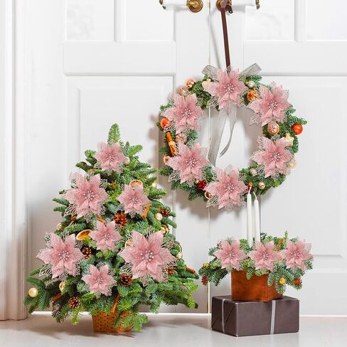 Geosar 36 Pcs Christmas Poinsettia Flowers Tree Decor Artificial Faux Glitter Xmas Ornaments New Year for Party Favor (Rose Gold) in Saudi Arabia