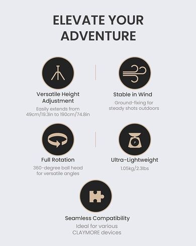 CLAYMORE Tripod Stand (Light Khaki) - Lightweight Aluminum Outdoor Action Camera, Fan & Lighting Stand, 1/4" Mount, 19-75in, 360° Ball Head, Wind-Resistant. Carrying Case and Dual-Sided Hook. in Saudi Arabia