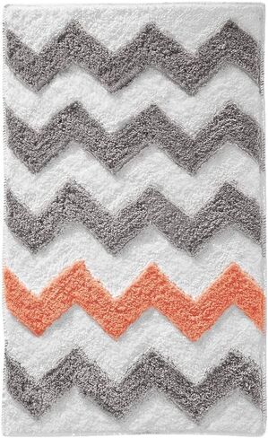 iDesign Chevron Microfiber Polyester Bath Mat, Non-Slip Shower Accent Rug for Master, Guest, and Kids' Bathroom, Entryway, 34" x 21", Light Gray and Coral in Saudi Arabia