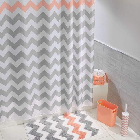 iDesign Chevron Microfiber Polyester Bath Mat, Non-Slip Shower Accent Rug for Master, Guest, and Kids' Bathroom, Entryway, 34" x 21", Light Gray and Coral in Saudi Arabia