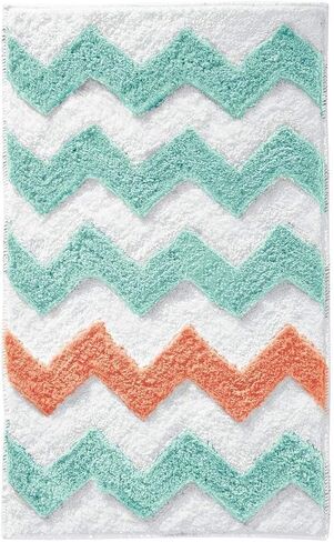 iDesign Chevron Microfiber Polyester Bath Mat, Non-Slip Shower Accent Rug for Master, Guest, and Kids' Bathroom, Entryway, 34" x 21", Light Gray and Coral in Saudi Arabia