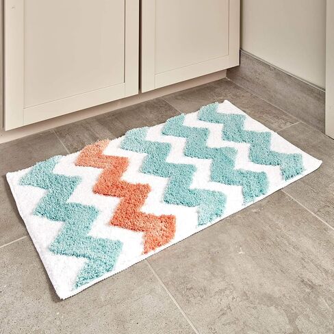 iDesign Chevron Microfiber Polyester Bath Mat, Non-Slip Shower Accent Rug for Master, Guest, and Kids' Bathroom, Entryway, 34" x 21", Light Gray and Coral in Saudi Arabia