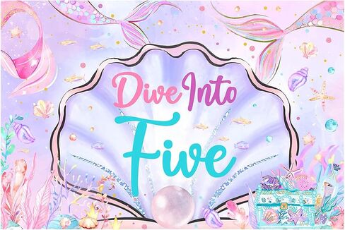 Mermaid 5th Birthday Decorations, 5x3ft Dive Into Five Backdrop Mermaid Birthday Banner Under The Sea Photography Background Photo Booth Studio, Girls 5 Years Old Birthday Party Supplies in Saudi Arabia