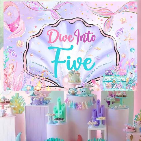 Mermaid 5th Birthday Decorations, 5x3ft Dive Into Five Backdrop Mermaid Birthday Banner Under The Sea Photography Background Photo Booth Studio, Girls 5 Years Old Birthday Party Supplies in Saudi Arabia