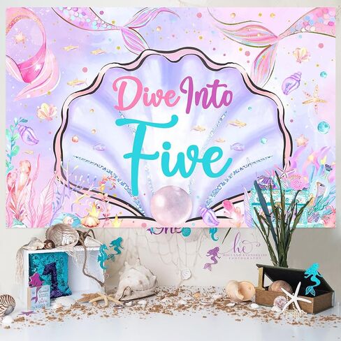 Mermaid 5th Birthday Decorations, 5x3ft Dive Into Five Backdrop Mermaid Birthday Banner Under The Sea Photography Background Photo Booth Studio, Girls 5 Years Old Birthday Party Supplies in Saudi Arabia