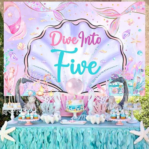Mermaid 5th Birthday Decorations, 5x3ft Dive Into Five Backdrop Mermaid Birthday Banner Under The Sea Photography Background Photo Booth Studio, Girls 5 Years Old Birthday Party Supplies in Saudi Arabia