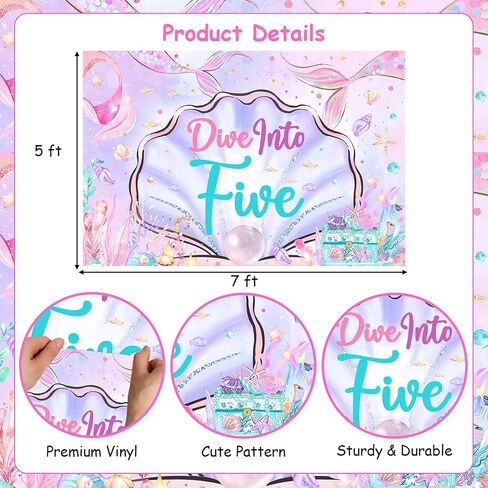 Mermaid 5th Birthday Decorations, 5x3ft Dive Into Five Backdrop Mermaid Birthday Banner Under The Sea Photography Background Photo Booth Studio, Girls 5 Years Old Birthday Party Supplies in Saudi Arabia
