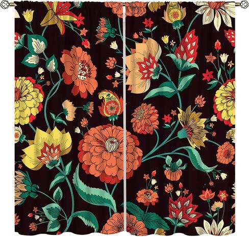 Boho Floral Curtains,Mid-Century Vintage Hand-Painted Multicolor Mandalas Print Rod Pocket Window Treatments Drapes for Bedroom Living Room Kitchen 42x45in in Kuwait