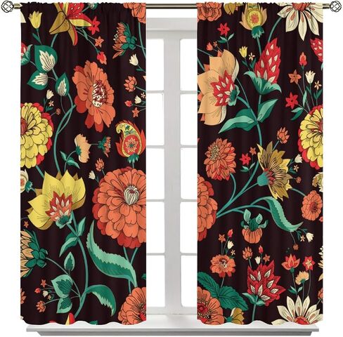 Boho Floral Curtains,Mid-Century Vintage Hand-Painted Multicolor Mandalas Print Rod Pocket Window Treatments Drapes for Bedroom Living Room Kitchen 42x45in in Kuwait