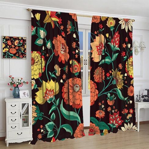 Boho Floral Curtains,Mid-Century Vintage Hand-Painted Multicolor Mandalas Print Rod Pocket Window Treatments Drapes for Bedroom Living Room Kitchen 42x45in in Kuwait