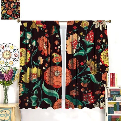 Boho Floral Curtains,Mid-Century Vintage Hand-Painted Multicolor Mandalas Print Rod Pocket Window Treatments Drapes for Bedroom Living Room Kitchen 42x45in in Kuwait
