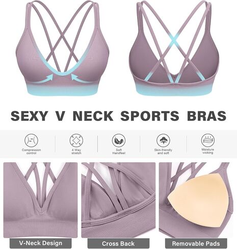 WANAYOU V-Neck Sports Bras for Women Cross Back Padded Yoga Bra Double Spaghetti Strap Workout Bra Sexy Wireless Bralettes in Saudi Arabia