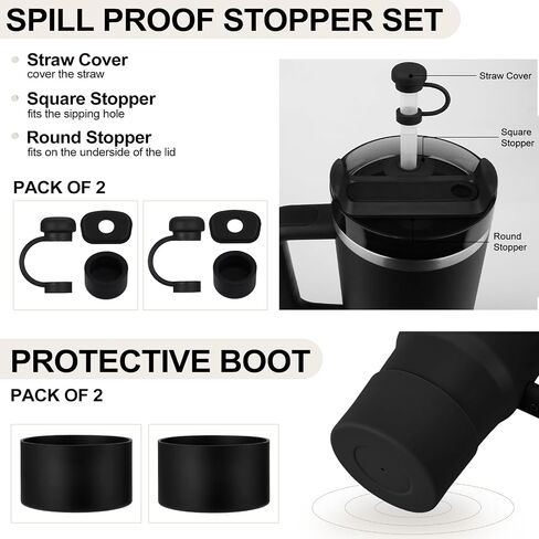 HYZ 8 Piece Stanley Cup Accessories, Silicone Spill Proof Stopper Set and Protective Boot Including Straw Cover Cap for Stanley H2.0 20oz 30oz 40oz Tumbler, Black in Kuwait