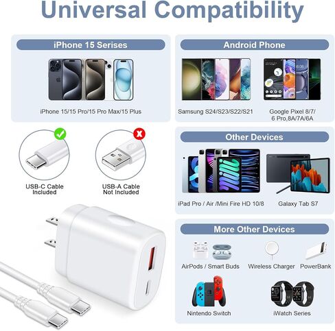 Samsung Z Fold6 Fast Charger Type C Fast Charging for Samsung Galaxy S24 Ultra S23 S22 Plus S21 FE A55 A53 A15 A14 A13 C55 Z Flip6 5 Z Fold 5, Moto 25W Dual Port USB C Charger Block with 6FT C-C Cable in Saudi Arabia