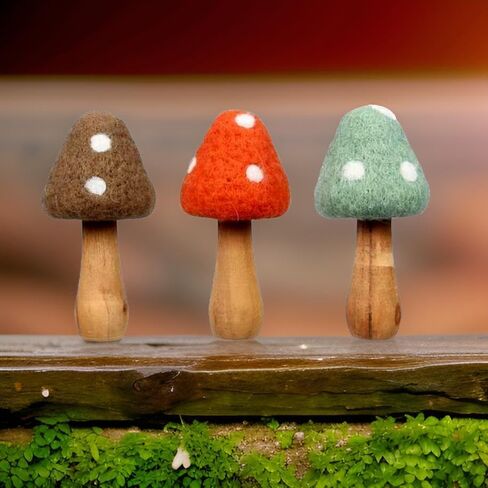 The Bridge Collection 5.5" Wool Mushroom Figurines - Set of 3 - Vintage Mushrooms for Home Decor - Set of Mushrooms for Hippy, Retro, Vintage Decor in Kuwait