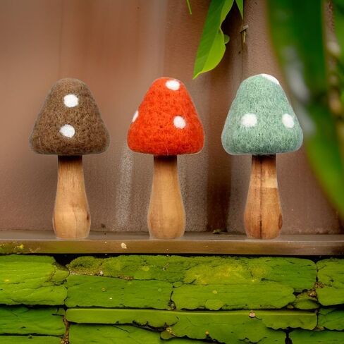 The Bridge Collection 5.5" Wool Mushroom Figurines - Set of 3 - Vintage Mushrooms for Home Decor - Set of Mushrooms for Hippy, Retro, Vintage Decor in Kuwait